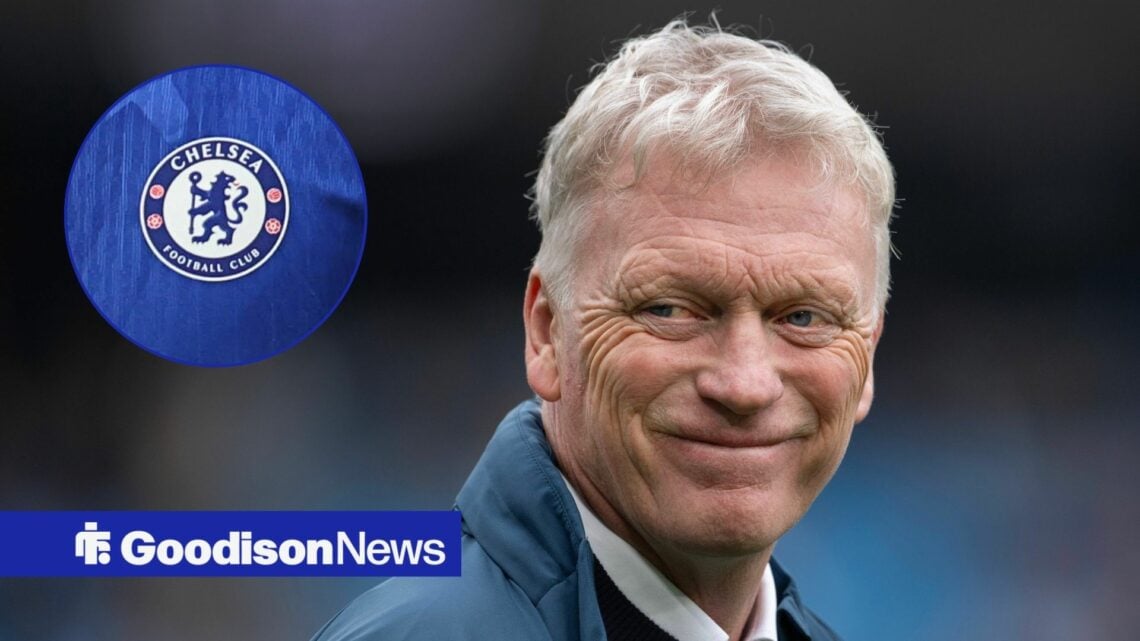 Everton manager David Moyes and Chelsea badge in circular inset