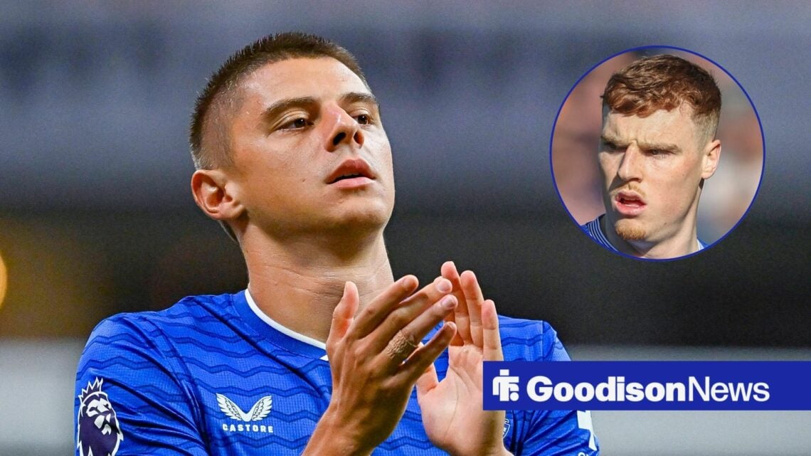 Everton defender Vitalii Mykolenko and Jake O'Brien in circular inset