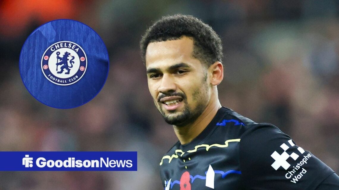 Everton forward Iliman Ndiaye and Chelsea badge in circular inset