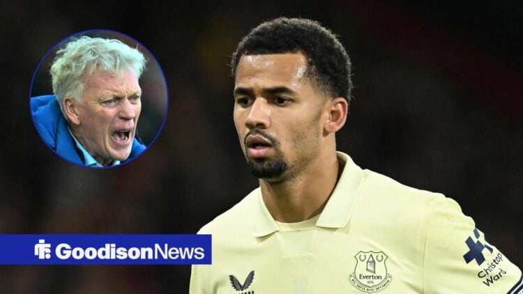 Everton forward Iliman Ndiaye and David Moyes in circular inset