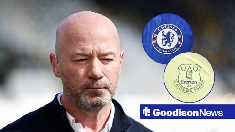 Alan Shearer and Everton and Chelsea badges in circular insets