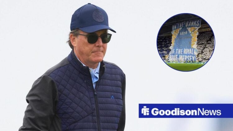 Dan Friedkin looking on, Everton fans TIFO in inset.