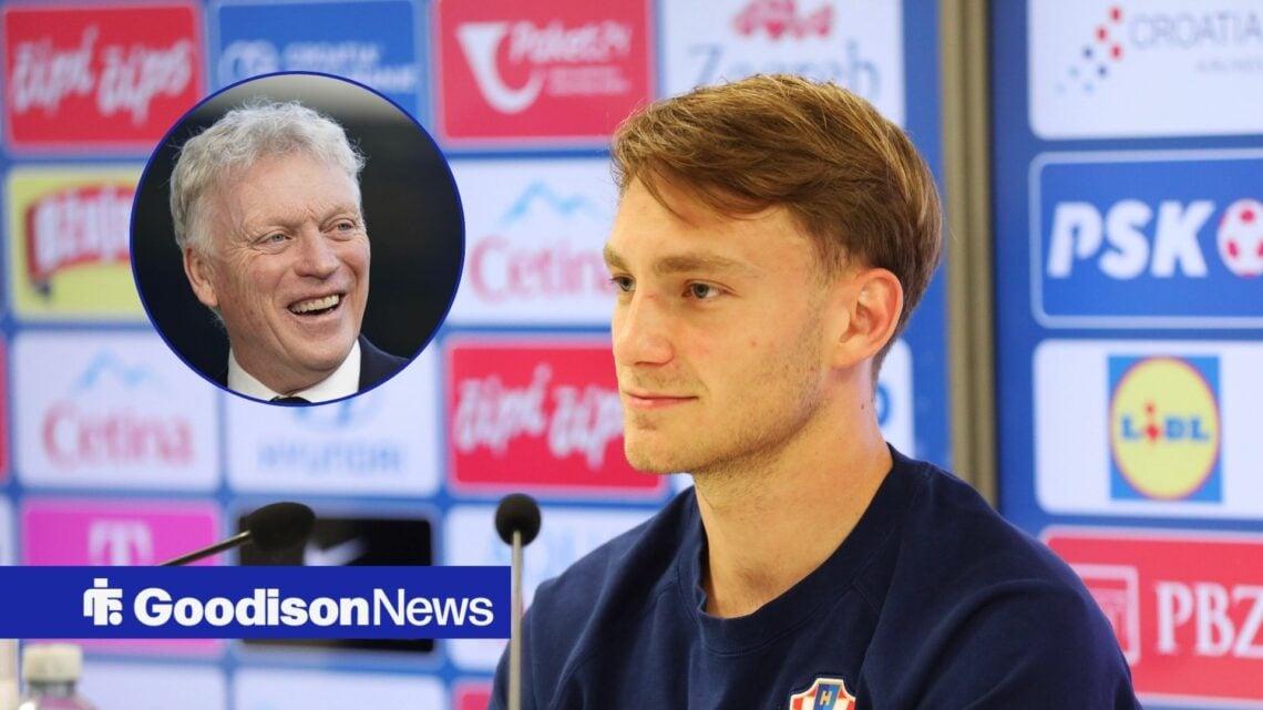 Toni Fruk in a press conference and David Moyes smiling in a round overlay