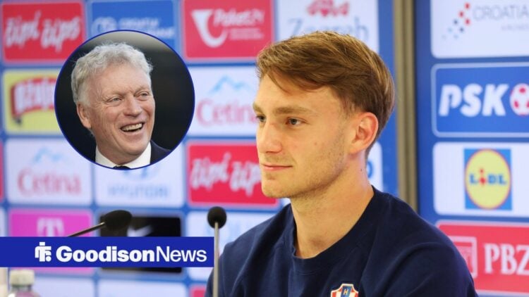 Toni Fruk in a press conference and David Moyes smiling in a round overlay
