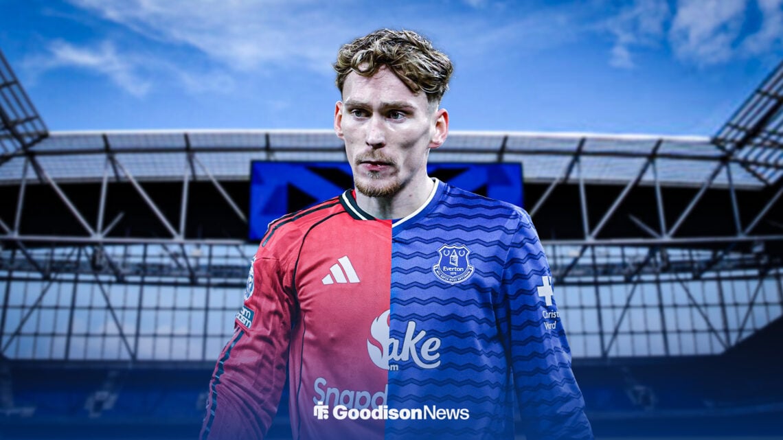 James Garner in a 50/50 Man United and Everton kit