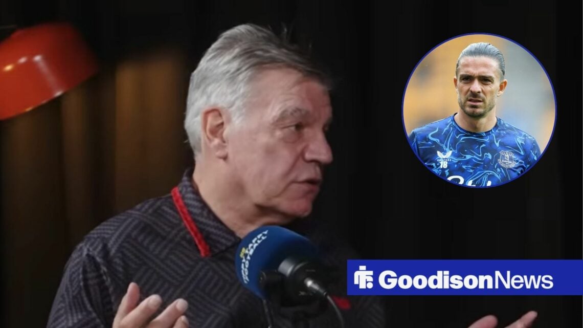 Sam Allardyce speaking on a podcast, with Jack Grealish in a circular frame inset