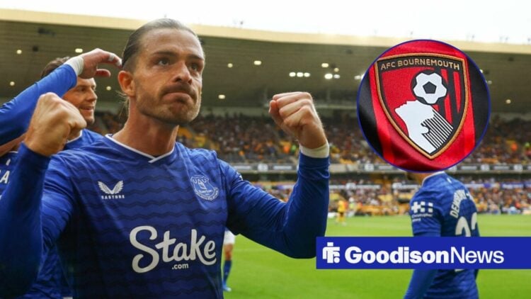 Everton star Jack Grealish celebrating, Bournemouth badge in inset.