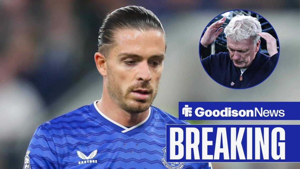 Jack Grealish looking upset, Everton boss David Moyes in inset.