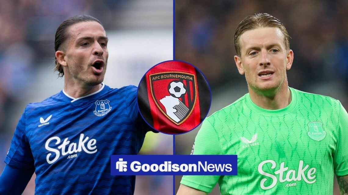 Everton stars Jack Grealish and Jordan Pickford with Bournemouth badge in inset.