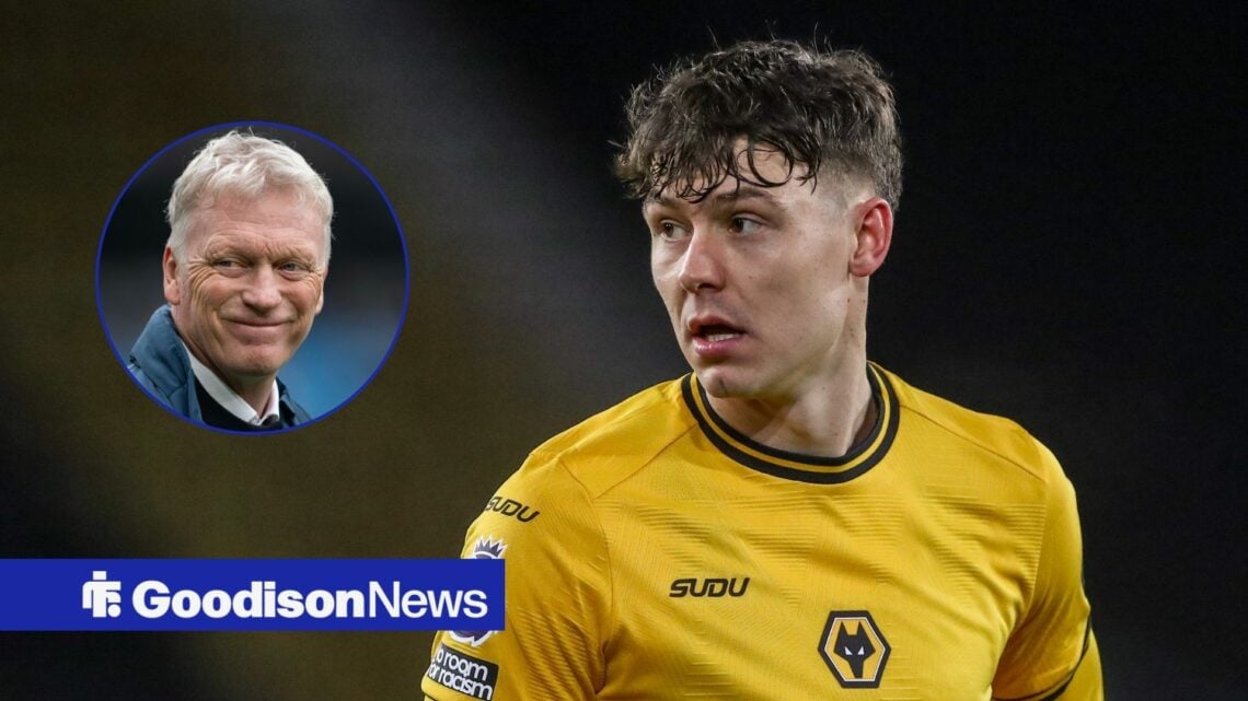 Wolves striking Jorgen Strand Larsen in action, Everton boss David Moyes in inset.