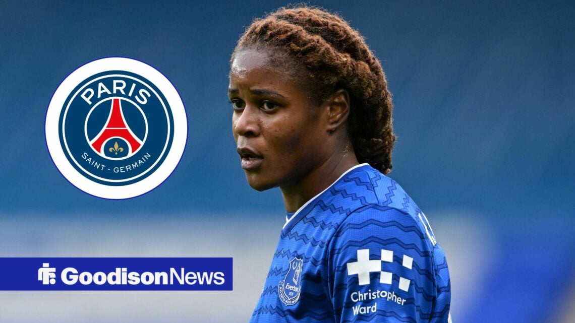 Everton Women's star Kelly Gago in action, PSG badge in inset.