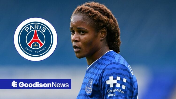 Everton Women's star Kelly Gago in action, PSG badge in inset.