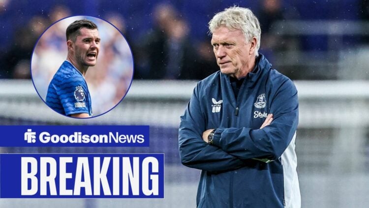 Everton boss David Moyes looking upset, Michael Keane in inset.