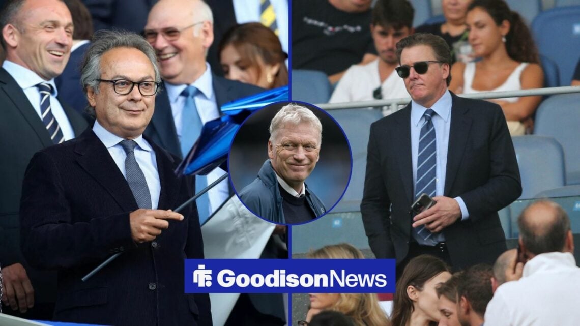 Farhad Moshiri waves a blue flag and Dan Friedkin wearing sunglasses in split screen with a smiling David Moyes in a round overlay in the middle