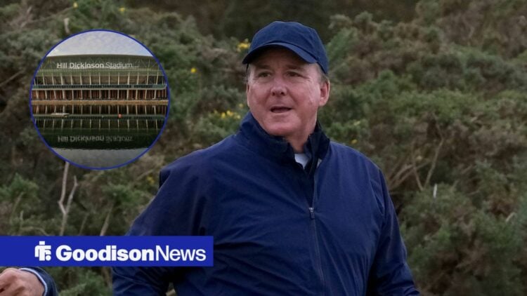 Dan Friedkin at a golf event, with Hill Dickinson Stadium in a circular frame inset