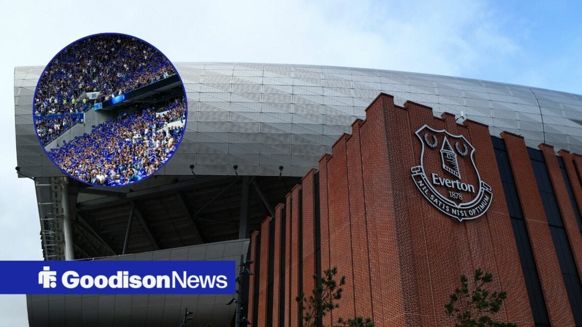 A general shot of Hill Dickinson Stadium, with Everton fans celebrating in a circular frame inset