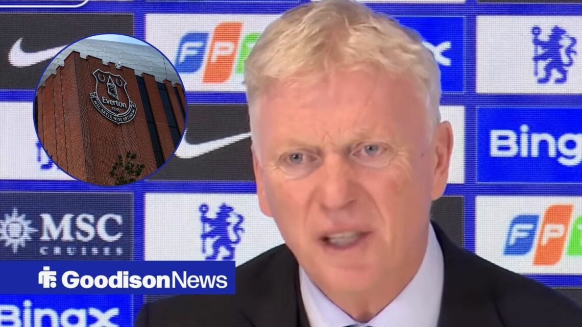 David Moyes speaking at a press conference, with Hill Dickinson Stadium in a circular frame inset