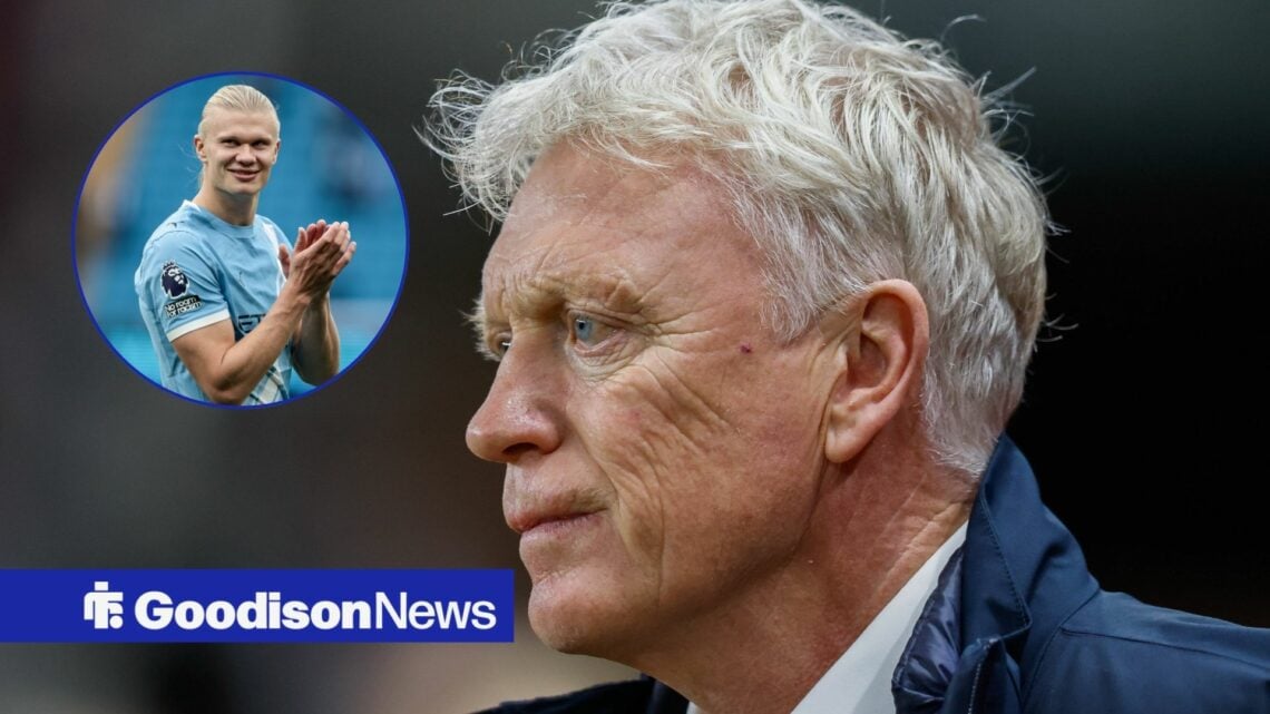 Everton boss David Moyes with Man City's Erling Haaland inset