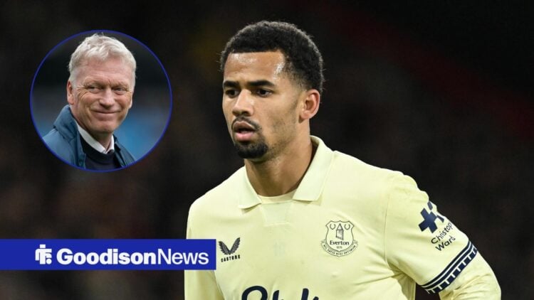 Iliman Ndiaye in action for Everton, with a smiling David Moyes in a circular frame inset