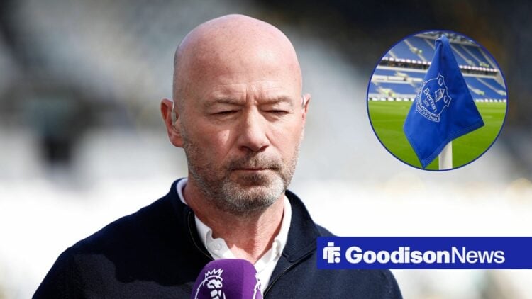 Alan Shearer holds a microphone, with an Everton corner flag in a circular frame inset