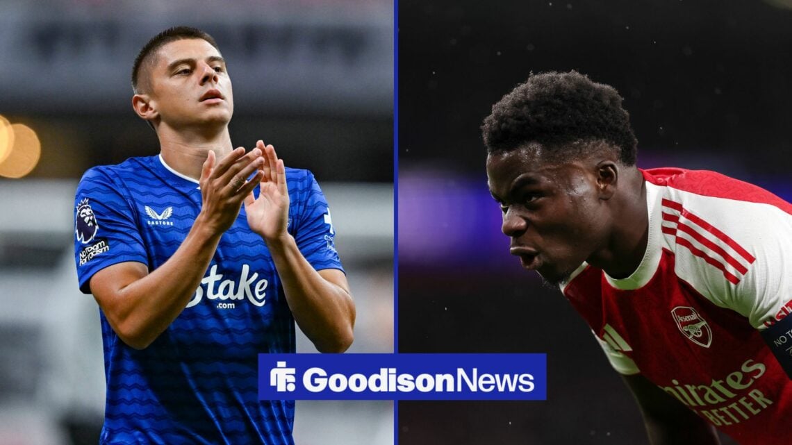 A split image of Everton's Vitalii Mykolenko and Arsenal's Bukayo Saka