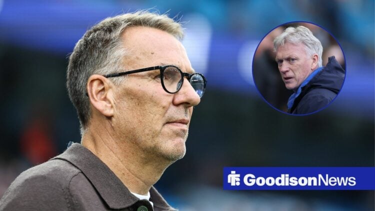 Paul Merson watching on, Everton boss David Moyes angry in inset.