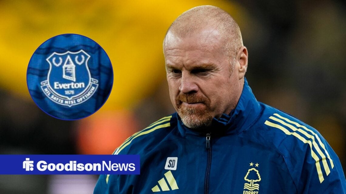Nottingham Forest boss Sean Dyche, Everton badge in inset.