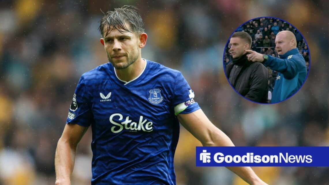 James Tarkowski in the rain and Sean Dyche pointing in a round overlay