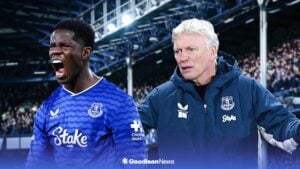 Everton star Thierno Barry looking happy, David Moyes anguished.
