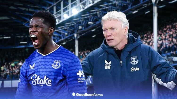 Everton star Thierno Barry looking happy, David Moyes anguished.