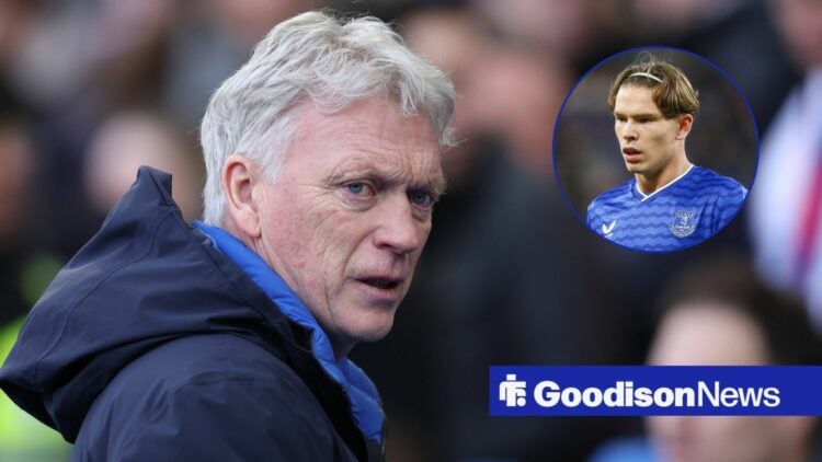 Everton boss David Moyes annoyed, Tyler Dibling in inset.