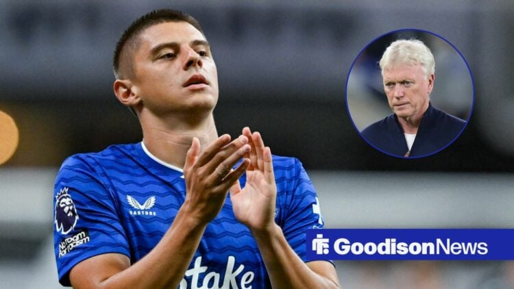 Everton star Vitalii Mykolenko clapping, David Moyes in inset.