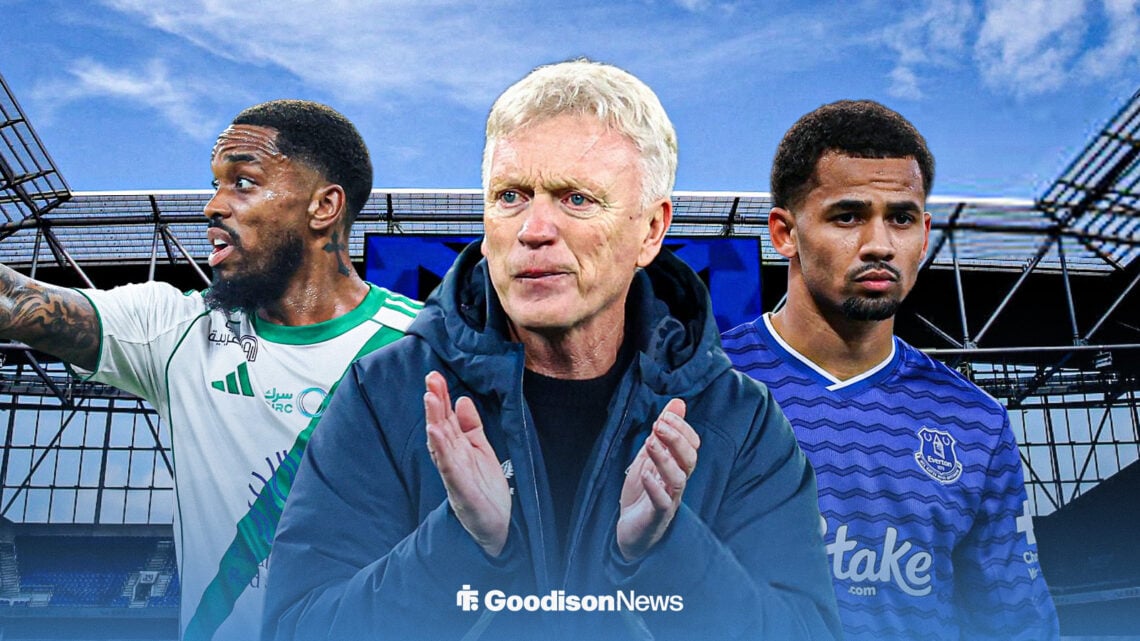 David Moyes flanked by Iliman Ndiaye and Ivan Toney with Hill Dickinson Stadium background.