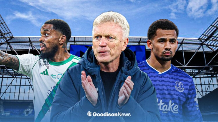 David Moyes flanked by Iliman Ndiaye and Ivan Toney with Hill Dickinson Stadium background.