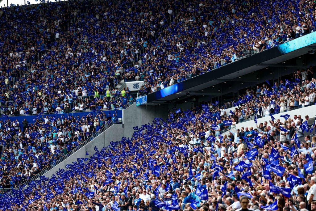 Everton fans waving flags at the Hill Dickinson Stadium