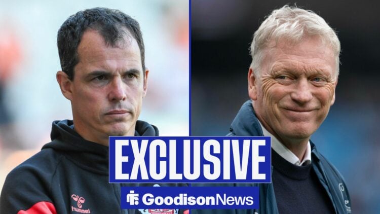 Everton boss David Moyes smiling, Regis Le Bris angry.