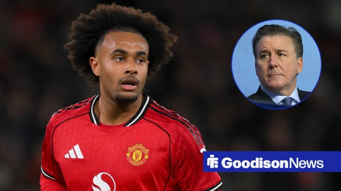 Joshua Zirkzee playing for Manchester United looking towards a circle inset of Dan Friedkin