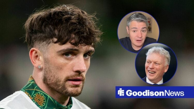 Troy Parrott looking in the direction of David Moyes and Miguel Delaney.