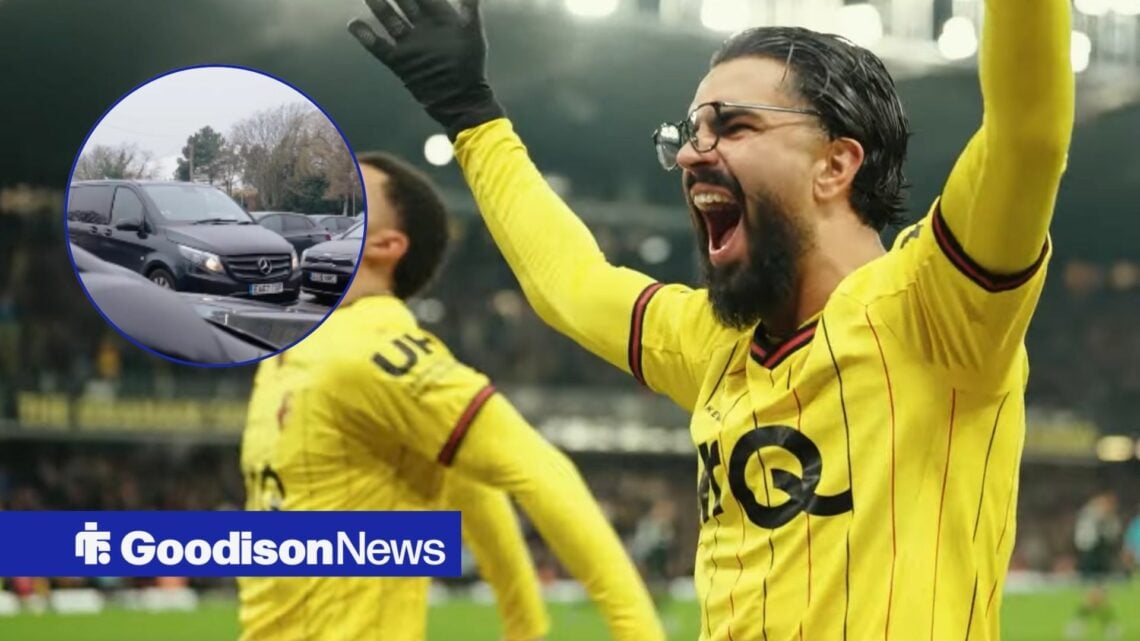 Imran Louza celebrating for Watford looking towards a circle inset of a car arriving at the training ground