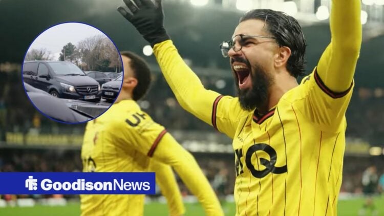 Imran Louza celebrating for Watford looking towards a circle inset of a car arriving at the training ground