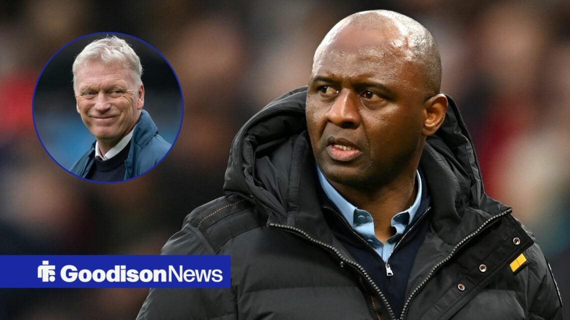 Patrick Vieira looking towards a circle inset of David Moyes smiling