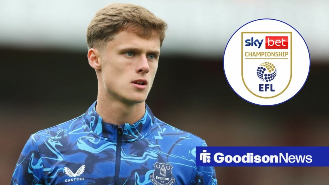 Harrison Armstrong playing for Everton looking towards a Championship logo