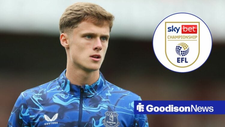 Harrison Armstrong playing for Everton looking towards a Championship logo