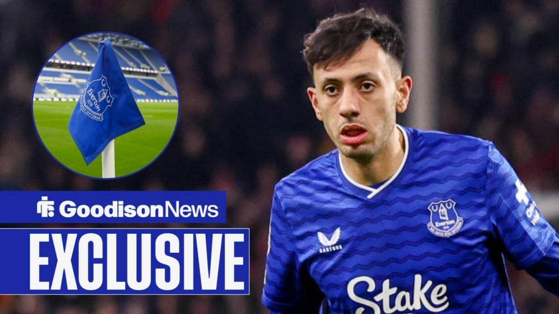 Dwight McNeil playing for Everton looking towards a circle inset of an Everton flag