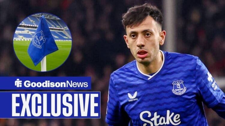 Dwight McNeil playing for Everton looking towards a circle inset of an Everton flag