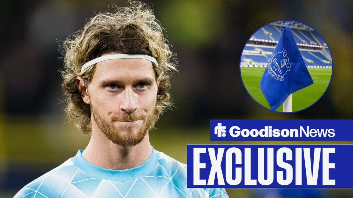 Kasper Hogh playing for Bodo Glimt looking towards an Everton flag