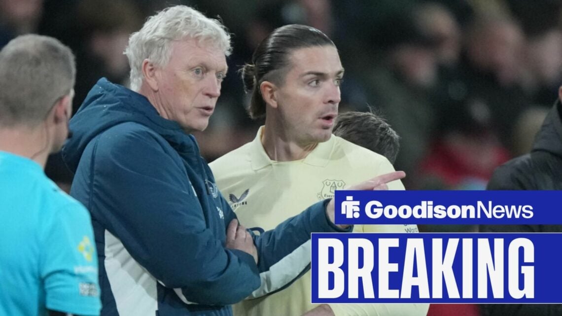 Jack Grealish and David Moyes speaking on the side lines for Everton