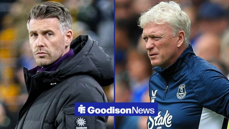 Rob Edwards and David Moyes looking towards each other.