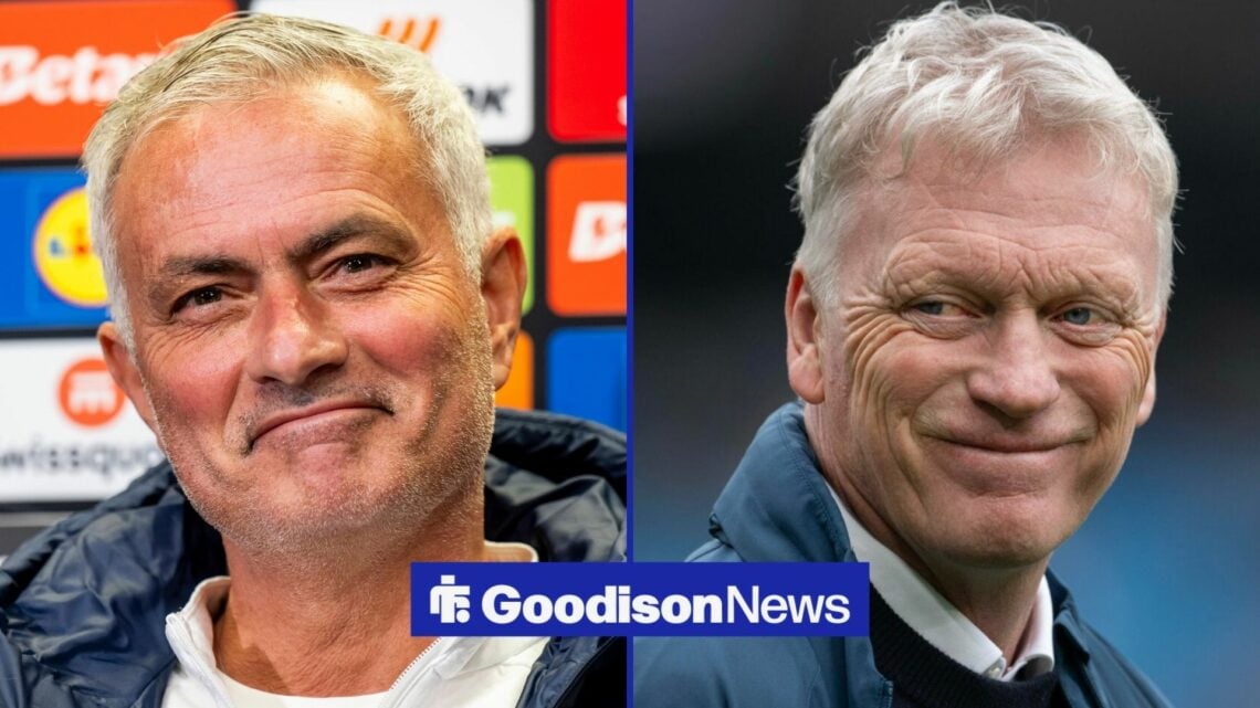 Jose Mourinho and David Moyes smiling at one another.