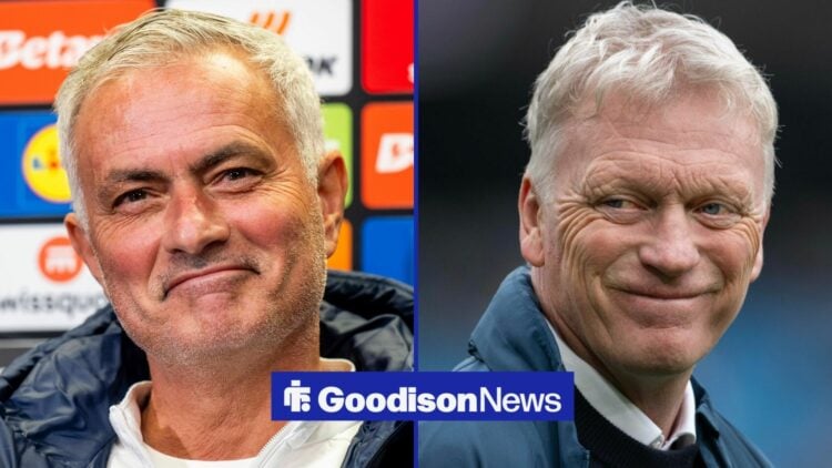 Jose Mourinho and David Moyes smiling at one another.